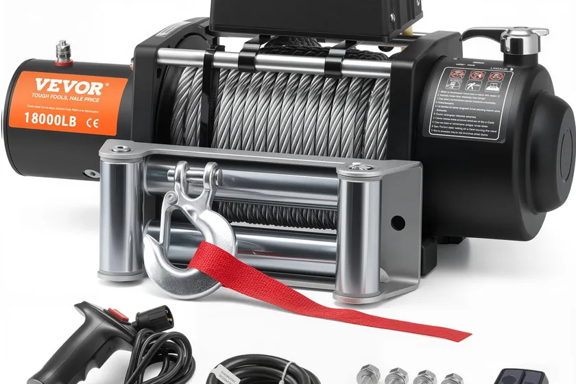 VEVOR 18000 lb electric winch with steel cable and roller fairlead for heavy trailer loading