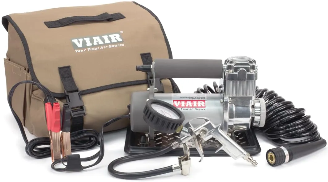 VIAIR 400P portable 12 volt air compressor kit with coil hose and battery clamps for truck tires