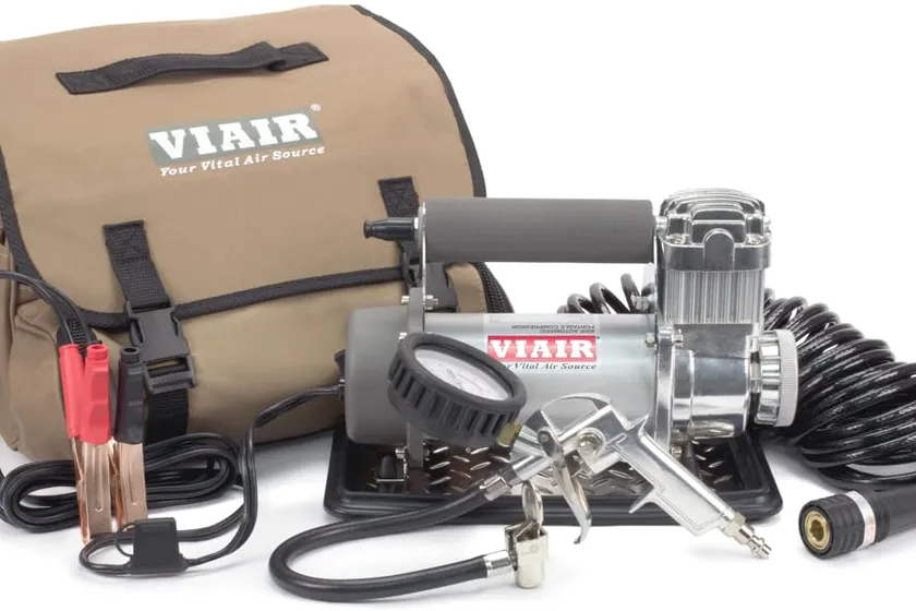 VIAIR 400P silver and black portable 12 volt air compressor kit with coil hose and battery clamp leads