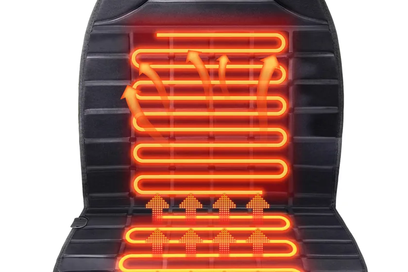 Black Vindobil heated seat warmer cushion with long fixing straps covering a seat bottom and backrest