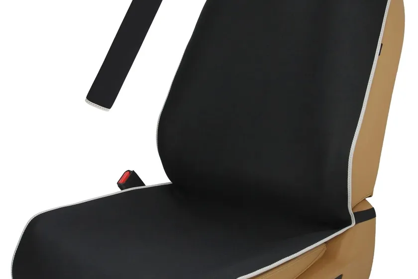 Black VSHIELD waterproof neoprene car seat cover fitted over a single front bucket seat