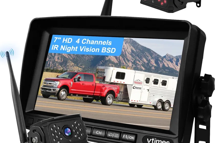 VTimes VT070 7 inch backup camera monitor beside its all metal wireless rear camera