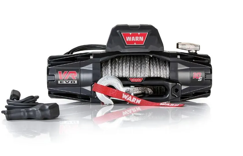 WARN VR EVO 10-S electric winch with black housing and gray synthetic rope wound on the drum