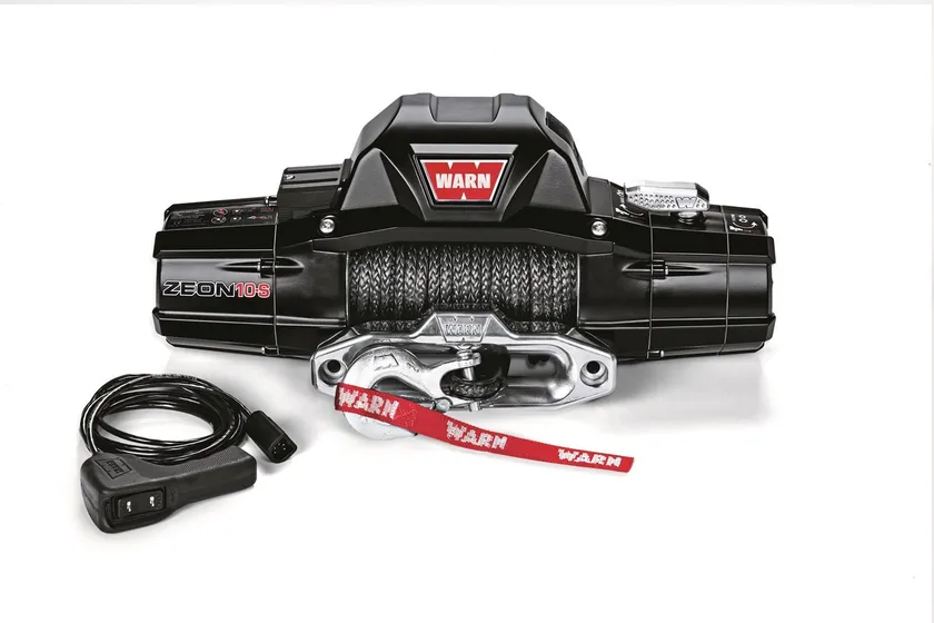 WARN ZEON 10-S electric winch with satin black housing, polished aluminum hawse fairlead and gray Spydura synthetic rope