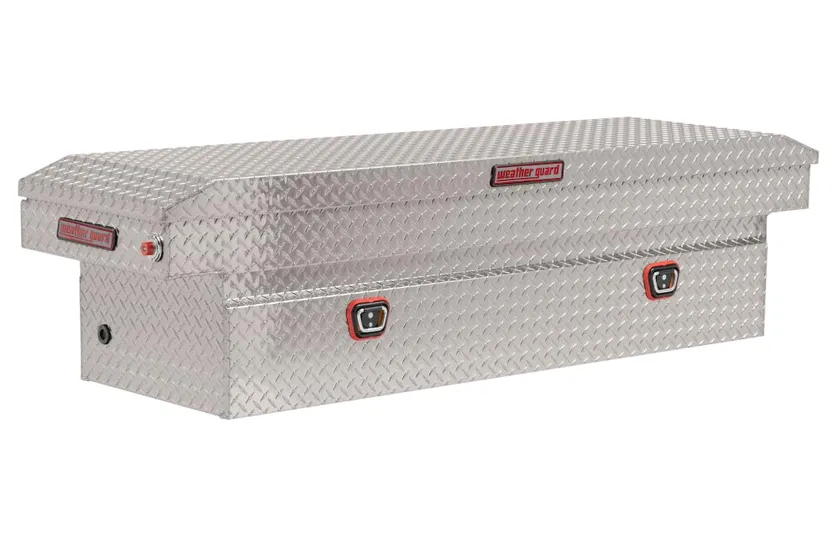 Weather Guard 127 aluminum saddle box in silver diamond plate for full size trucks