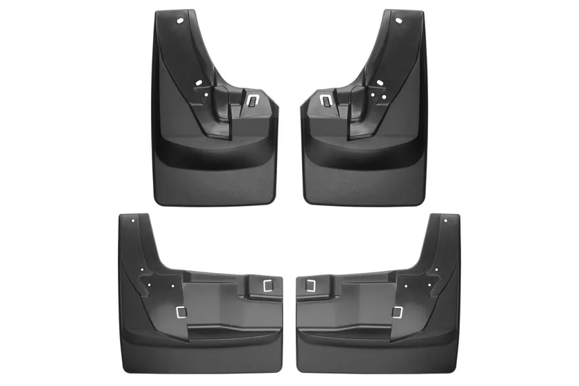 WeatherTech black no-drill front and rear splash guard mud flaps molded for a Ram 3500 dually