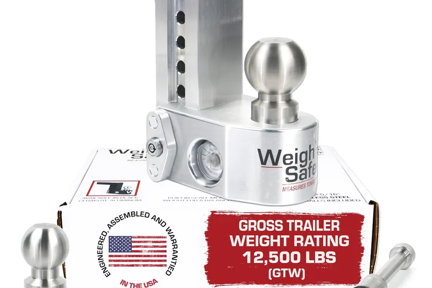Weigh Safe aluminum adjustable ball mount with a built-in tongue weight gauge in the shank and two stainless steel balls