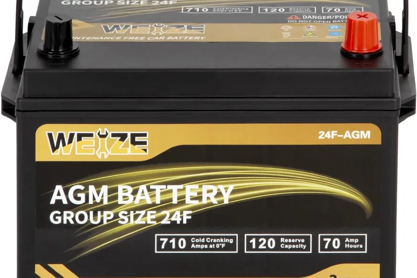 Weize Platinum AGM Group 24F car battery with a black case and tapered top terminals