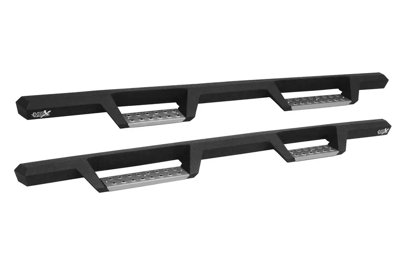 Westin HDX Drop nerf bars in textured black with lowered wide step pads for a Chevy Silverado crew cab