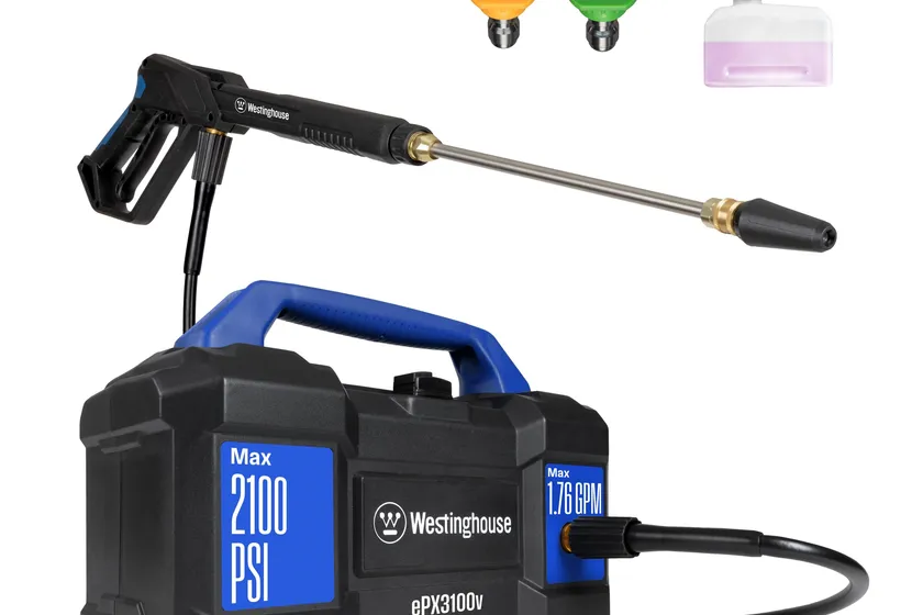 Westinghouse ePX3100v black and blue compact electric pressure washer with carry handle, steel spray wand, spray tips and detachable foam cannon