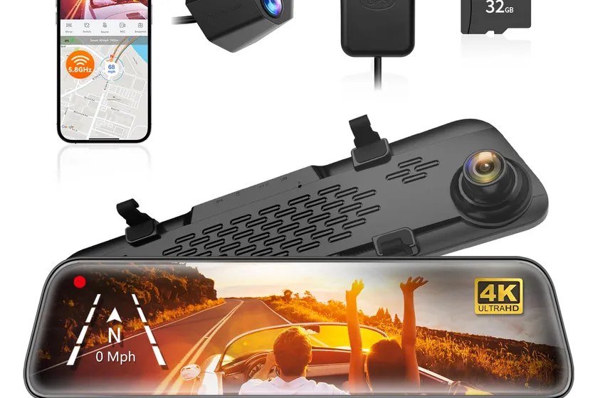 WOLFBOX G840S rearview mirror screen showing a live camera view, with the separate rear camera beside it