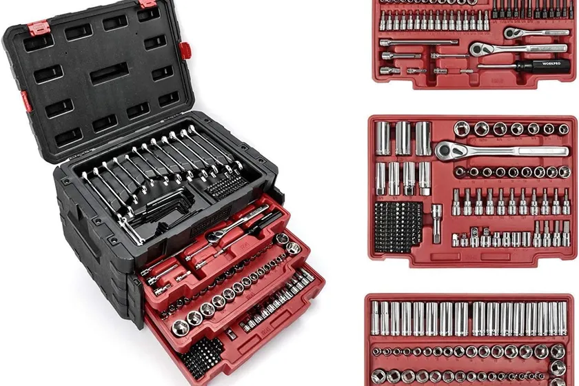 WORKPRO 450 piece mechanics tool set in a black blow molded case with four red trays of sockets, wrenches and bits