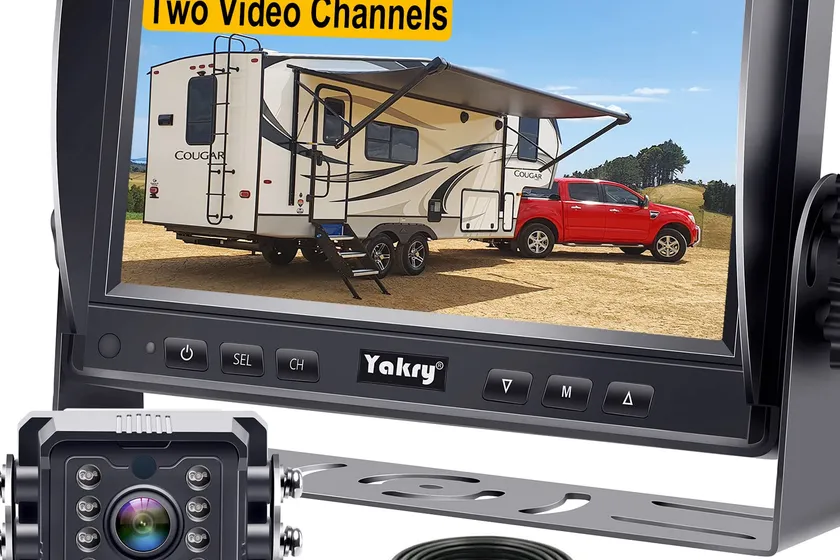 Yakry Y14 backup camera kit with a 7 inch monitor and a black waterproof rear camera on a bracket