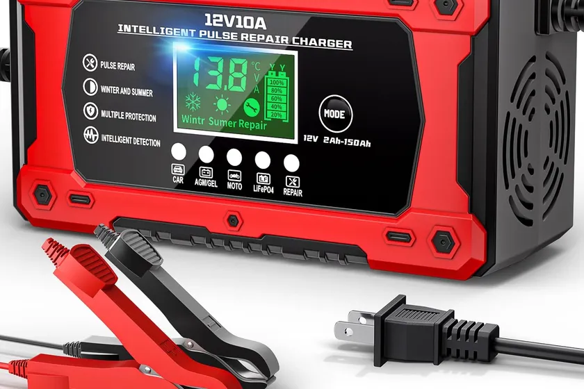 YDBAO 10 amp 12 volt car battery charger in light red with a backlit LCD screen and clamps