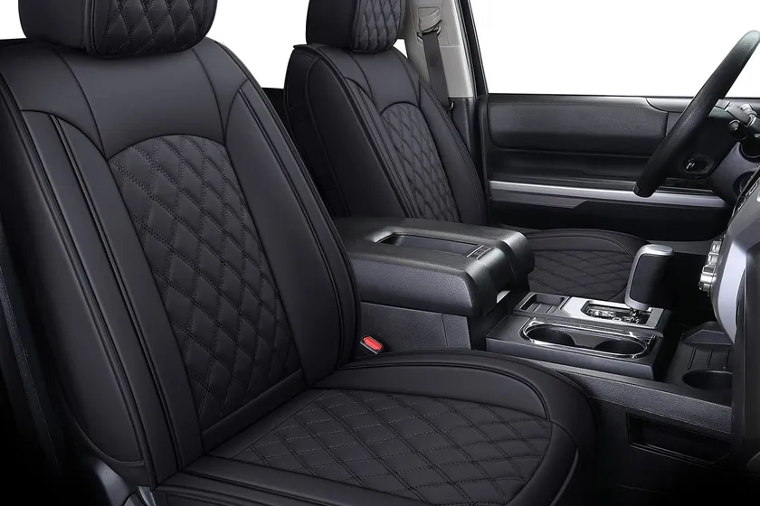 YIERTAI black waterproof faux leather full set seat covers installed in a Toyota Tundra CrewMax cab