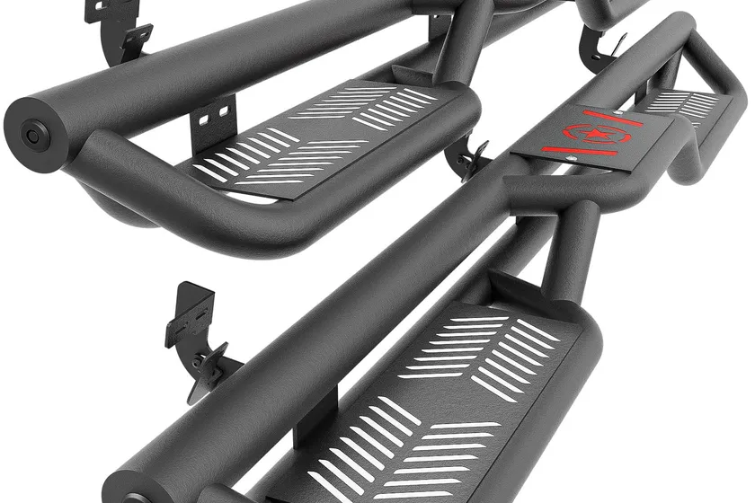 YZONA heavy-duty steel two-stair running boards bolted to a Ram truck crew cab rocker panel