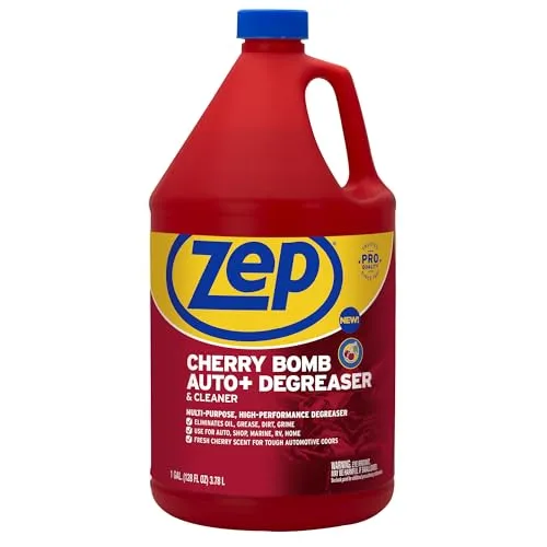 Red one gallon jug of Zep Cherry Bomb Auto+ degreaser and cleaner