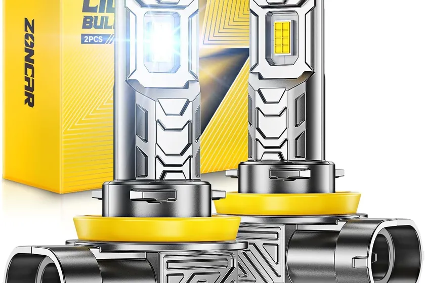 ZonCar H11 LED bulb pair with white housings, locking rings and small cooling fans in the base